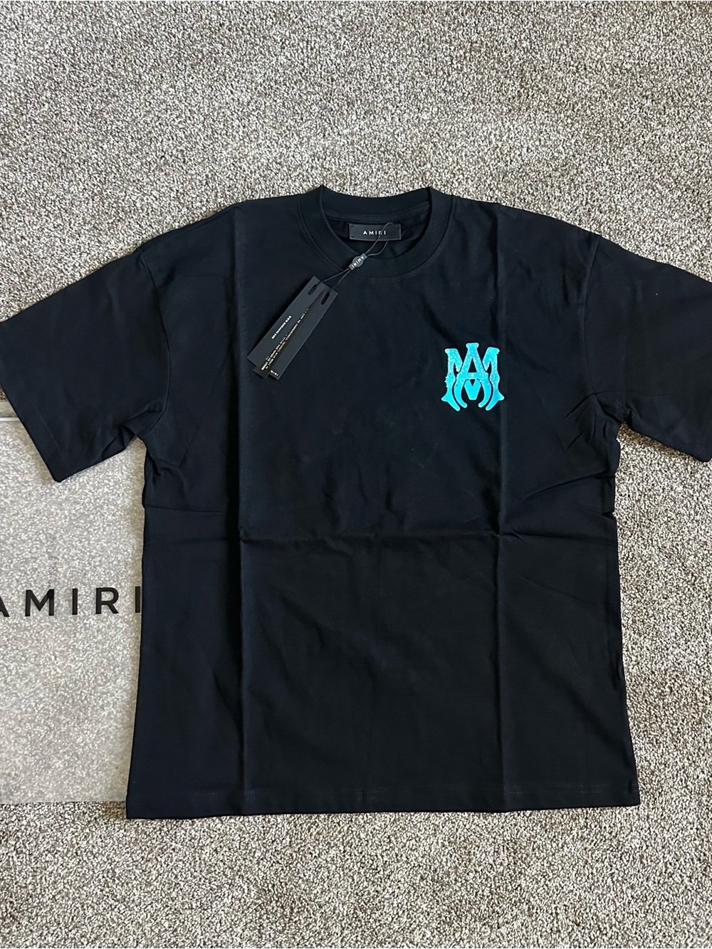 AMIRI Black Short-Sleeve Tee with Teal Chest Emblem